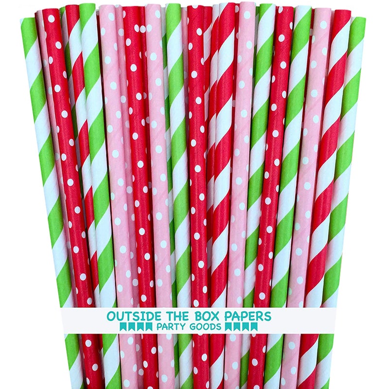 Outside the Box Papers Strawberry Shortcake Theme Polka Dot and Striped Paper Straws 7.75 Inches 100 Pack Red, Pink, Lime Green, White - Image 1